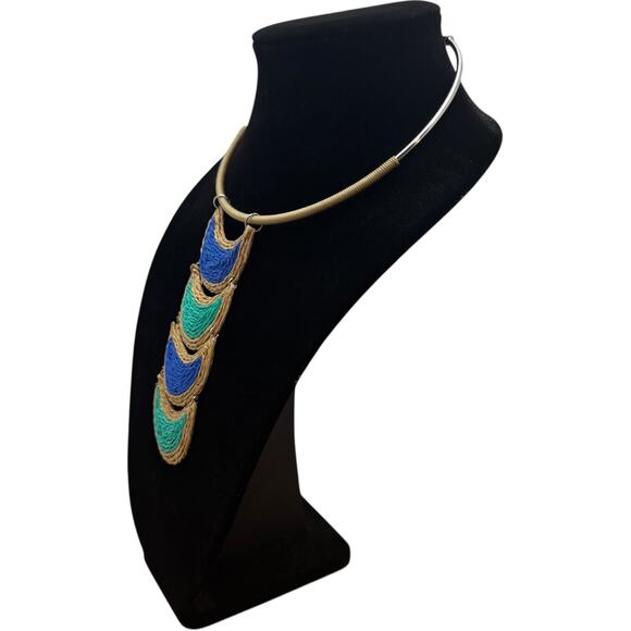 Rattan Choker Necklace Silver Tan Blue Green - Picture 2 of 6